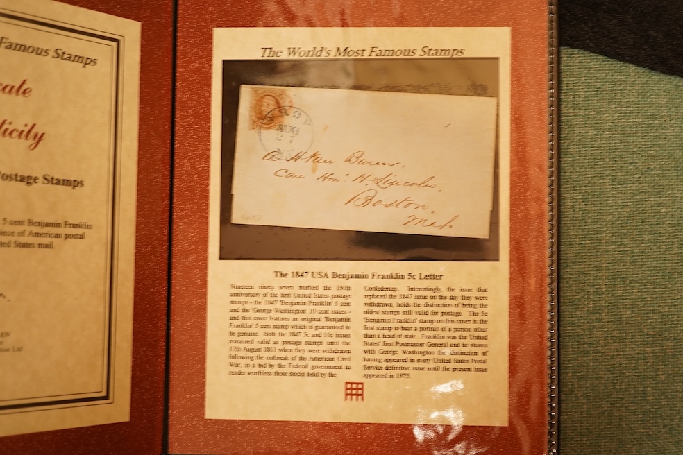 Five presentation folders of stamps issued by the Westminster collection as part of The World’s Most Famous Stamps and Philatelic Classics series including; a USA 1847 letter with 5c stamp, the 3d Beaver Canada stamp, tw